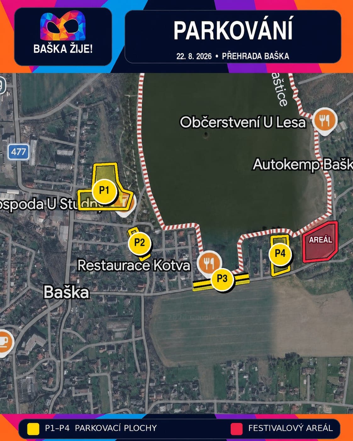 Mapa parkování: parkovací plochy P1 až P4 kolem přehrady Baška a festivalový areál